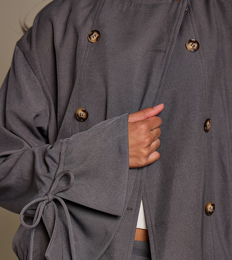 Woven Double Breasted Funnel Neck Jacket
