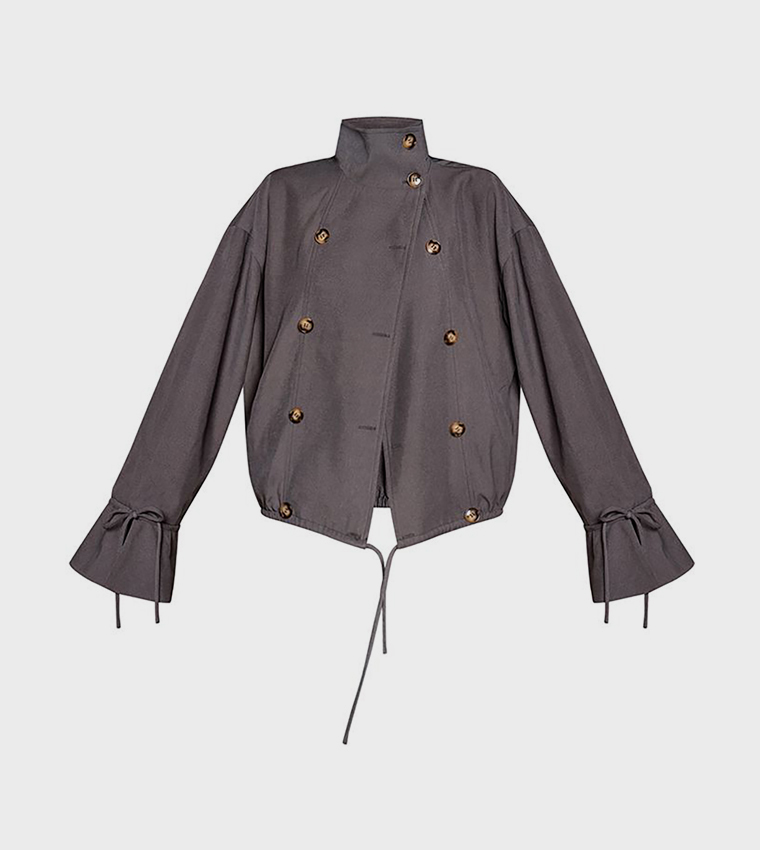 Woven Double Breasted Funnel Neck Jacket