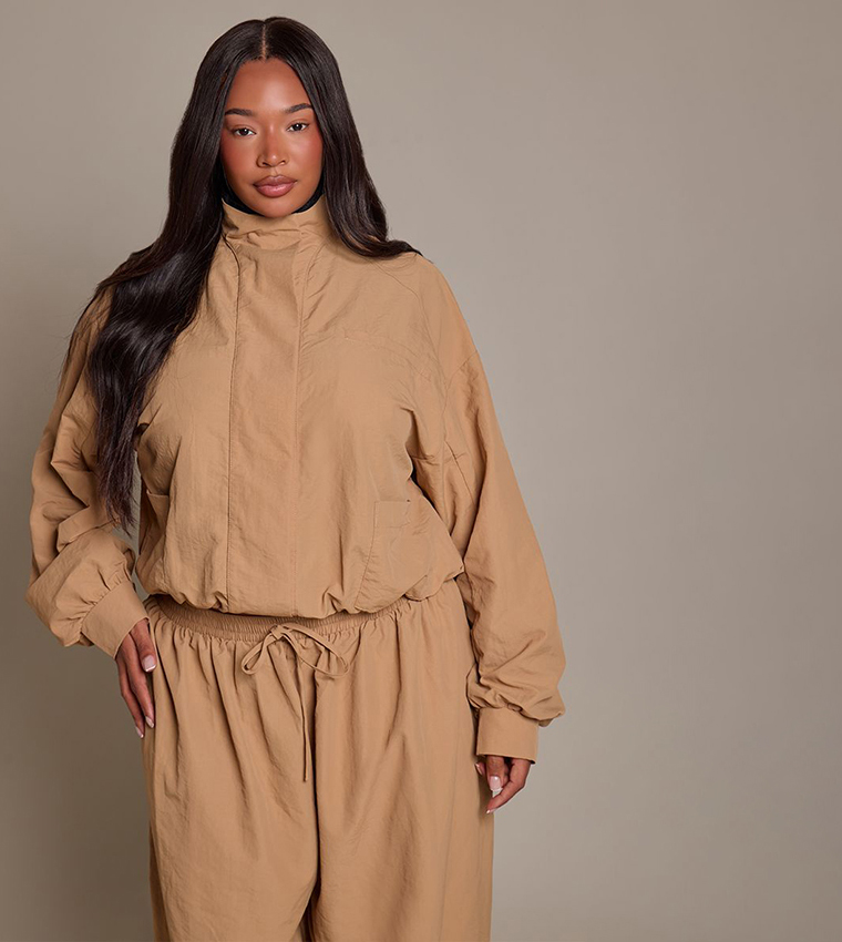 Curve Nylon Funnel Neck Windbreaker Jacket