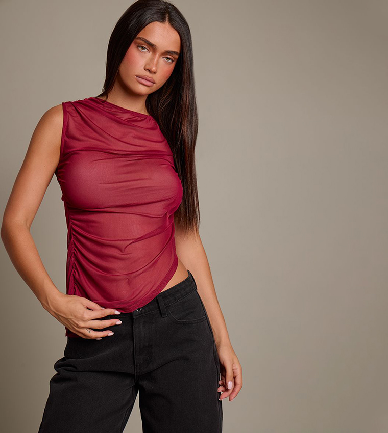 Mesh Cowl Neck Asymmetrical Top