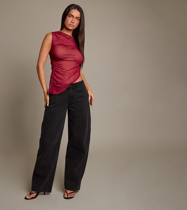 Mesh Cowl Neck Asymmetrical Top