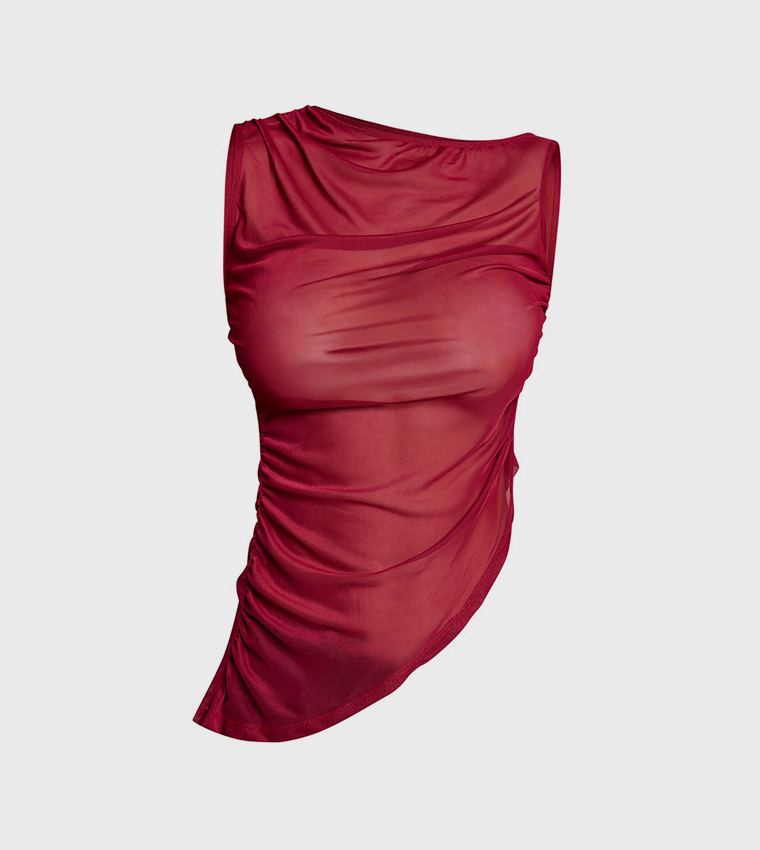 Mesh Cowl Neck Asymmetrical Top