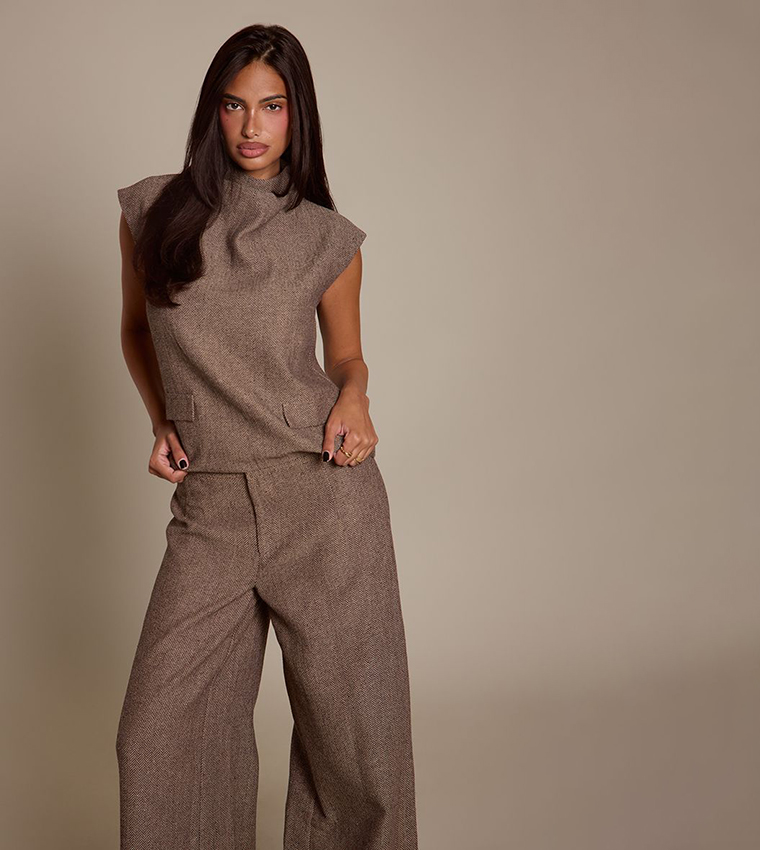 Herringbone Patterned High Cowl Neck Boxy Top