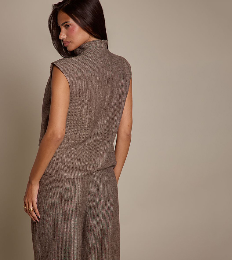 Herringbone Patterned High Cowl Neck Boxy Top