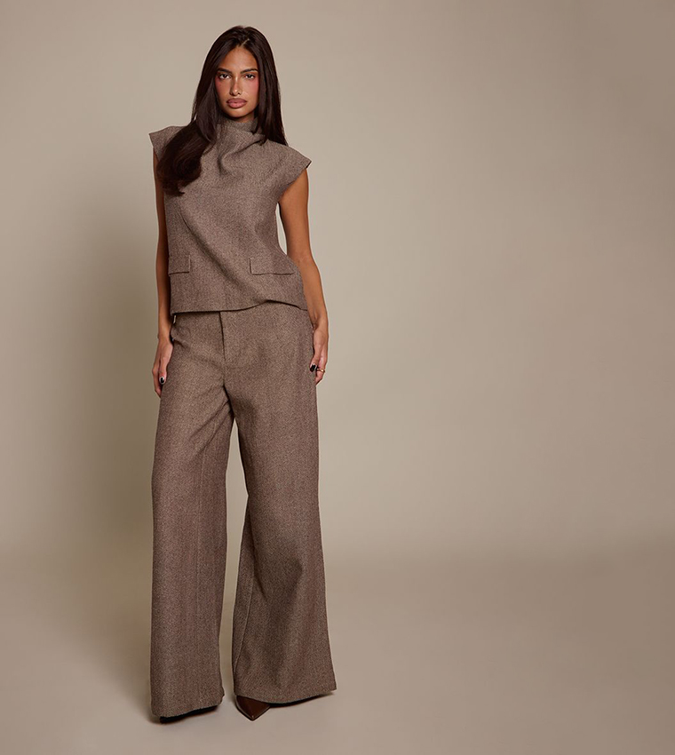 Herringbone Patterned High Cowl Neck Boxy Top