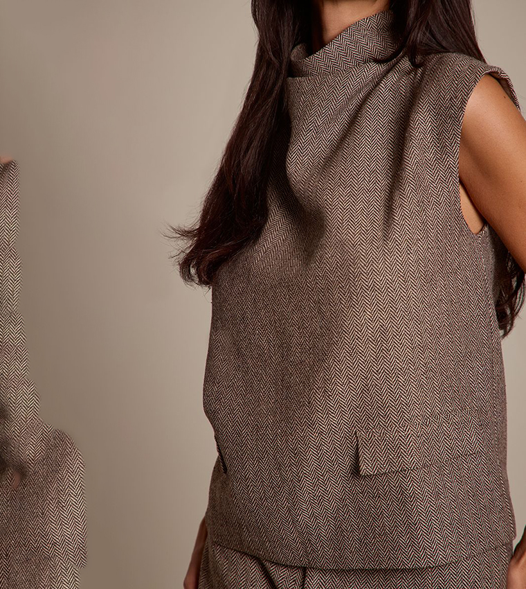 Herringbone Patterned High Cowl Neck Boxy Top
