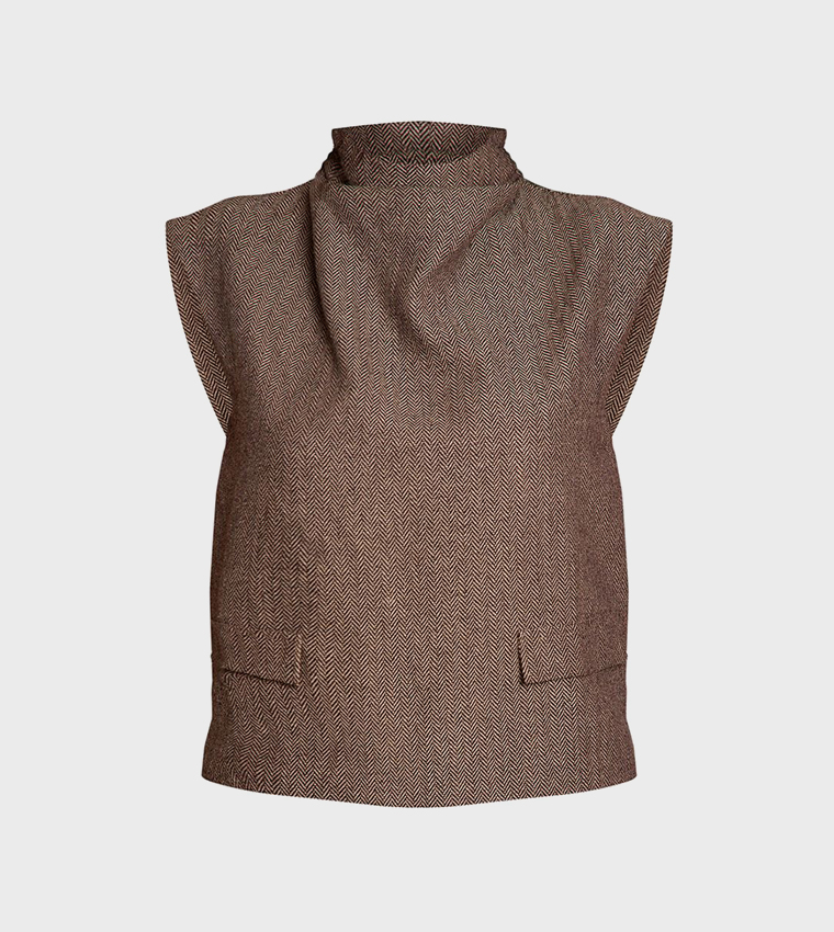 Herringbone Patterned High Cowl Neck Boxy Top