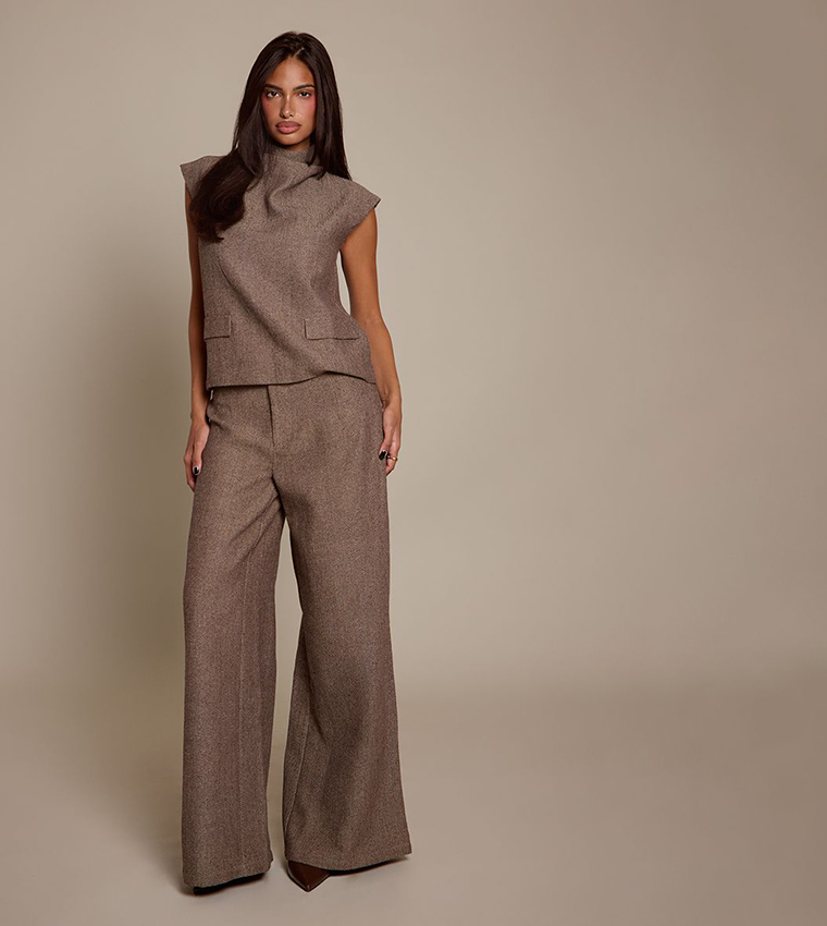 Herringbone Patterned Wide Leg Trousers
