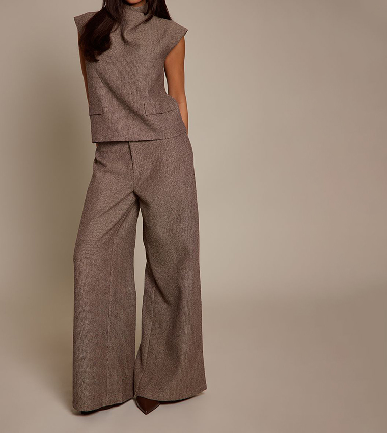Herringbone Patterned Wide Leg Trousers