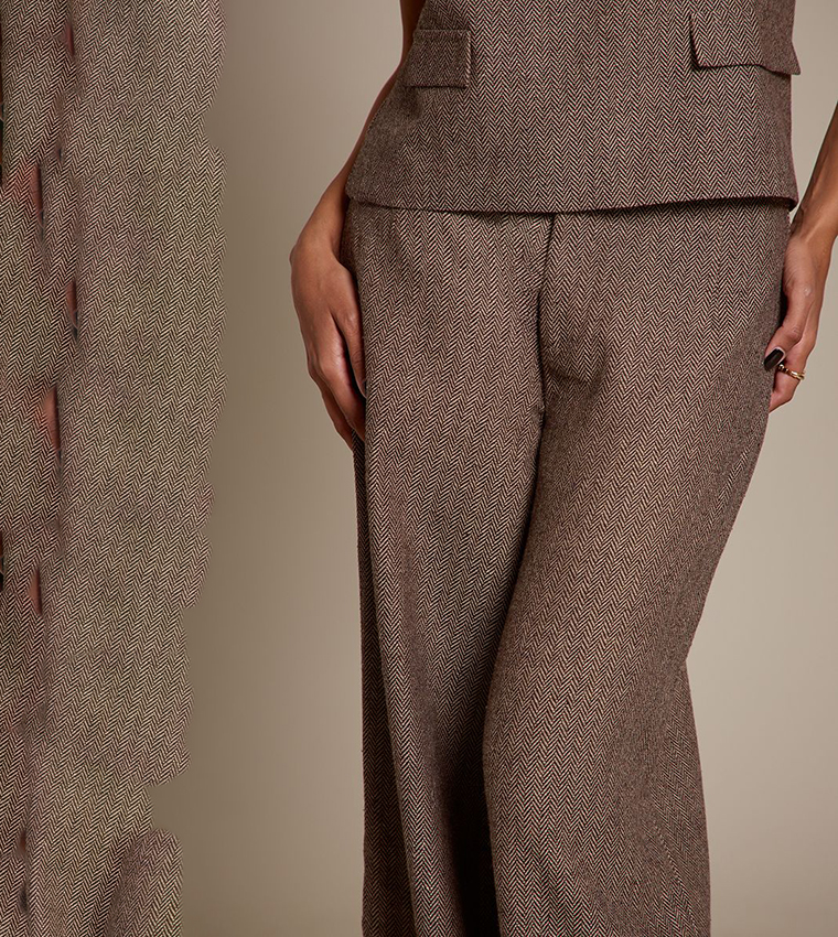 Herringbone Patterned Wide Leg Trousers