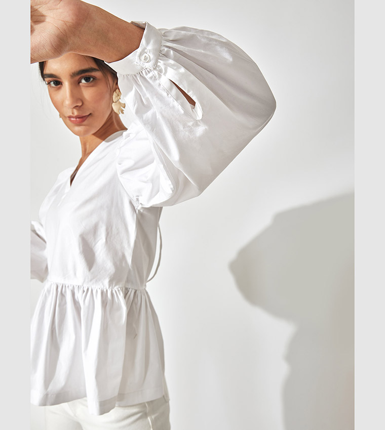 Solid V-Neck Peplum Top