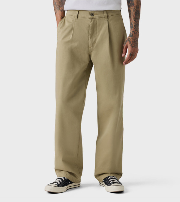 Solid Loose Fit Pleated Chinos