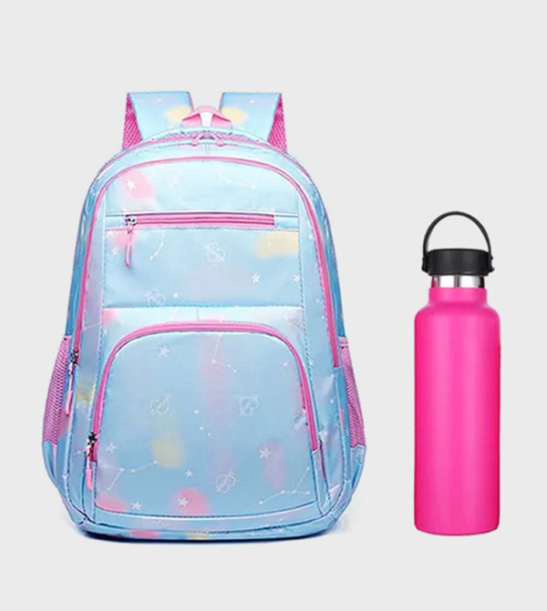 School Backpack with Stainless Steel Water Bottle 600Ml - Pink