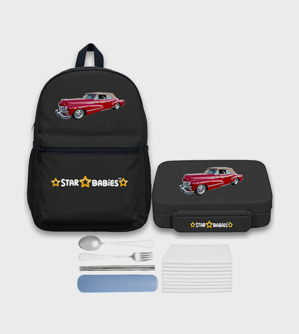 Retro Car Themed 16inch Backpack with Bento Lunch Box with 4 Compartments