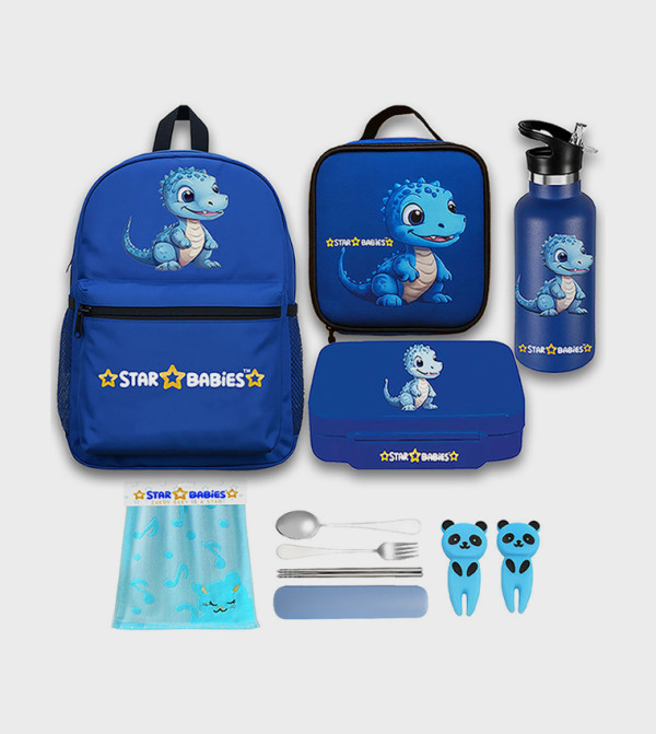 Set of 4 – Blue Dino Theme 16" Backpack, 4-Compartment Lunch Box, Insulated Lunch Bag & 500ml Water Bottle