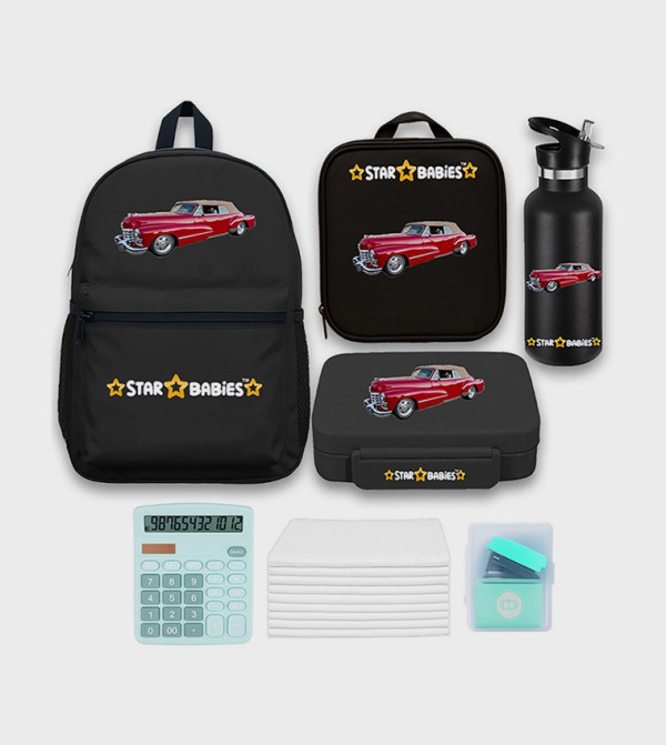 Set of 4 – Retro Car Theme 16" Backpack, 4-Compartment Lunch Box, Insulated Lunch Bag & 500ml Water Bottle