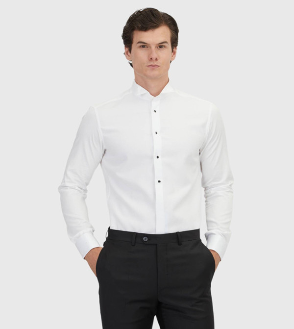 Solid Slim Fit Double Cuff Wing Collar Tuxedo Shirt