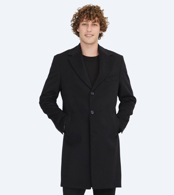 Solid Regular Fit Lapel Collar Overcoat