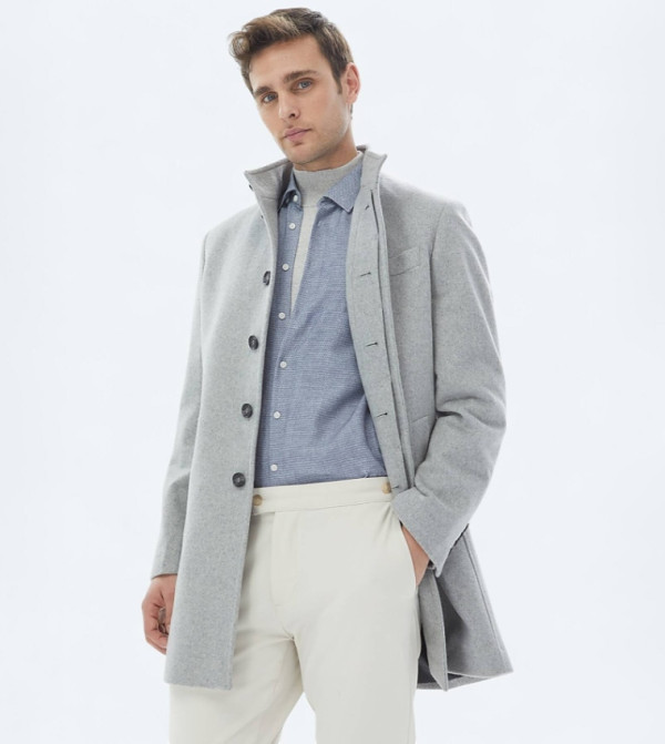 Solid Regular Fit High Neck Woven Overcoat