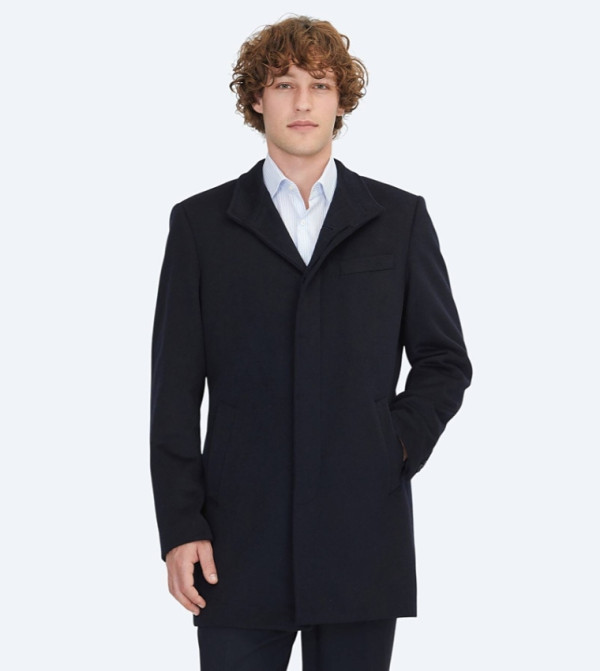 Solid Regular Fit High Neck Woven Overcoat