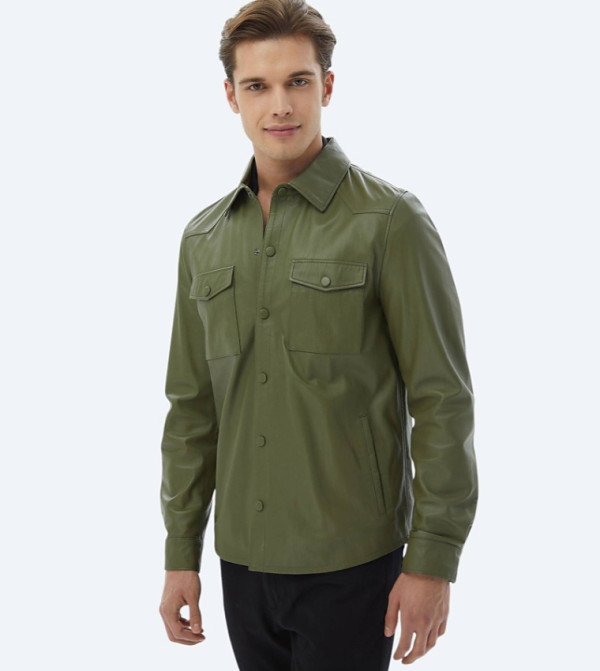 Textured Regular Fit Shirt Collar Sheep Leather Jacket
