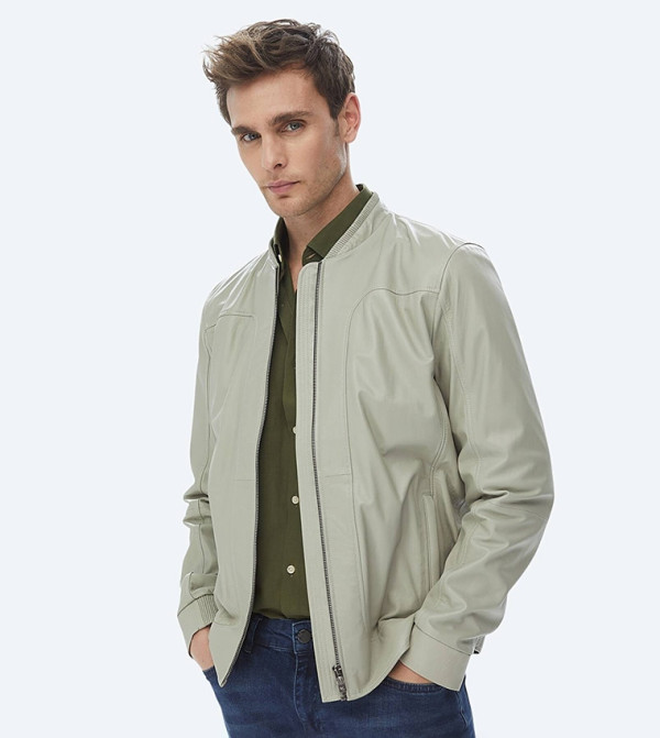 Solid Regular Fit Sheep Leather Jacket