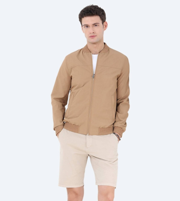 Solid Regular Fit Stand Collar Bomber Jacket