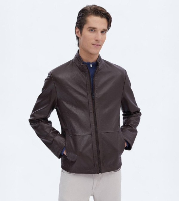 Textured Regular Fit High Neck Sheep Leather Jacket