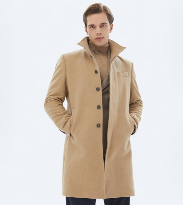 Solid Regular Fit High Neck Woven Overcoat