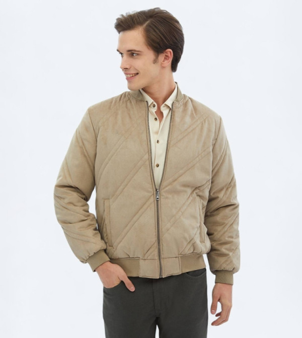 Textured Regular Fit High Neck Bomber Jacket