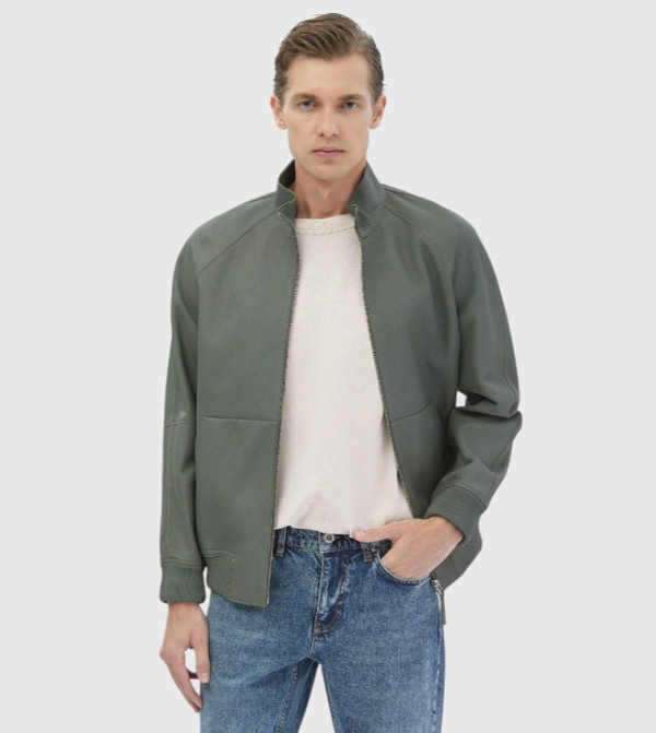 Regular Fit Turtleneck Suede Leather Coat