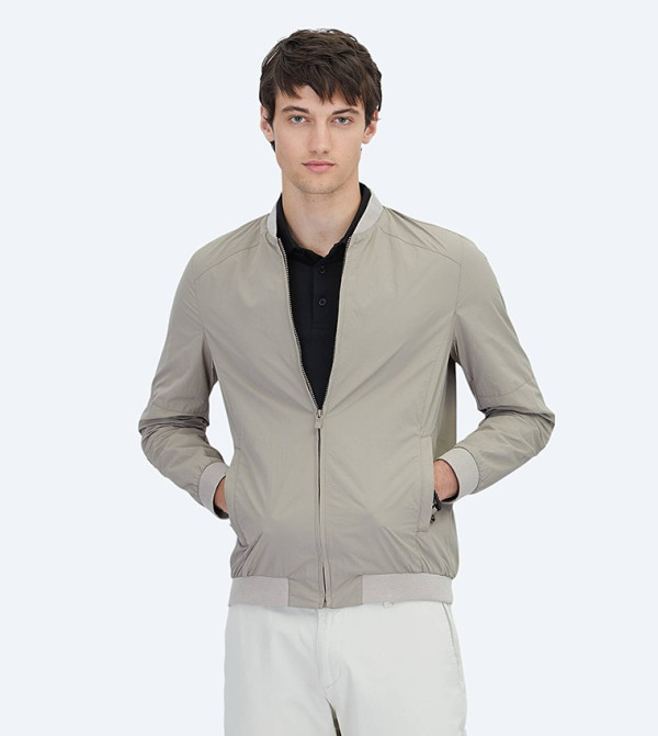 Solid Regular Fit High Neck Woven Bomber Jacket