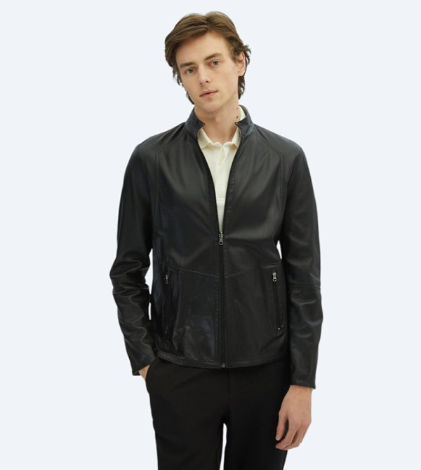 Solid Regular Fit High Neck Reversible Leather Jacket