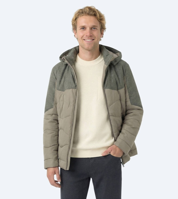 Colorblock Regular Fit Woven Removable Hood Puffer Jacket