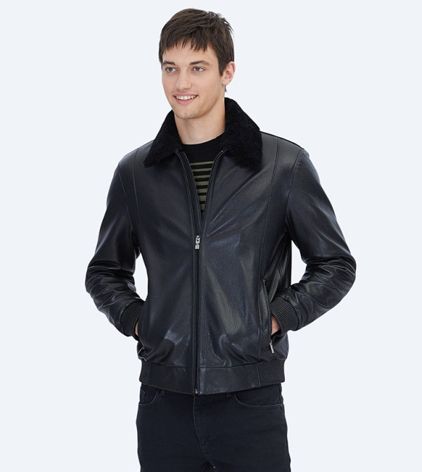 Textured Regular Fit Shirt Collar Casual Sheep Leather Jacket