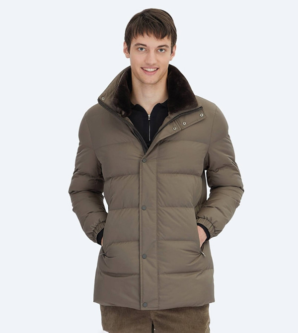 Solid High Neck Woven Puffer Jacket