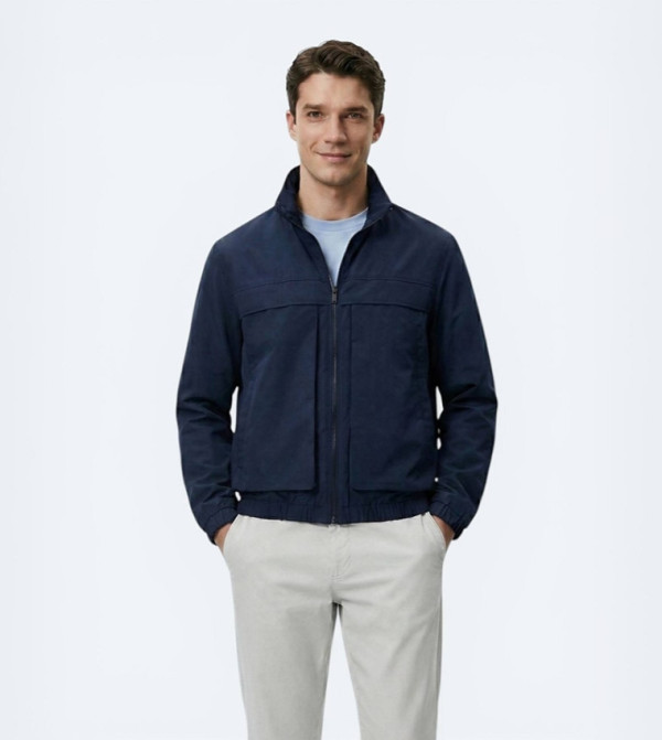 Solid Relaxed Fit High Neck Woven Jacket