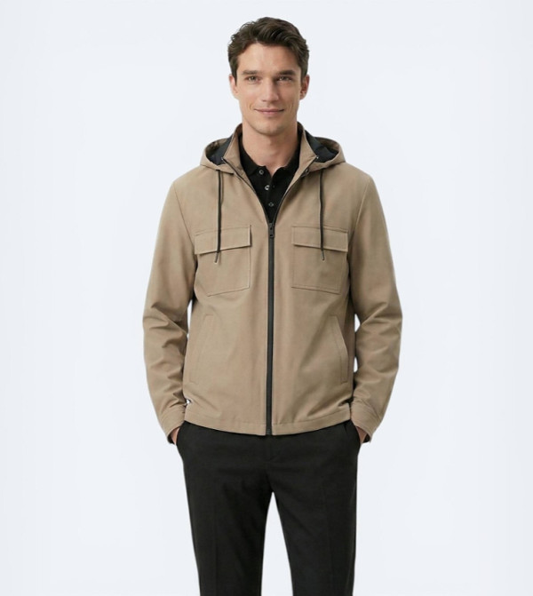 Solid Regular Fit Hooded Woven Jacket
