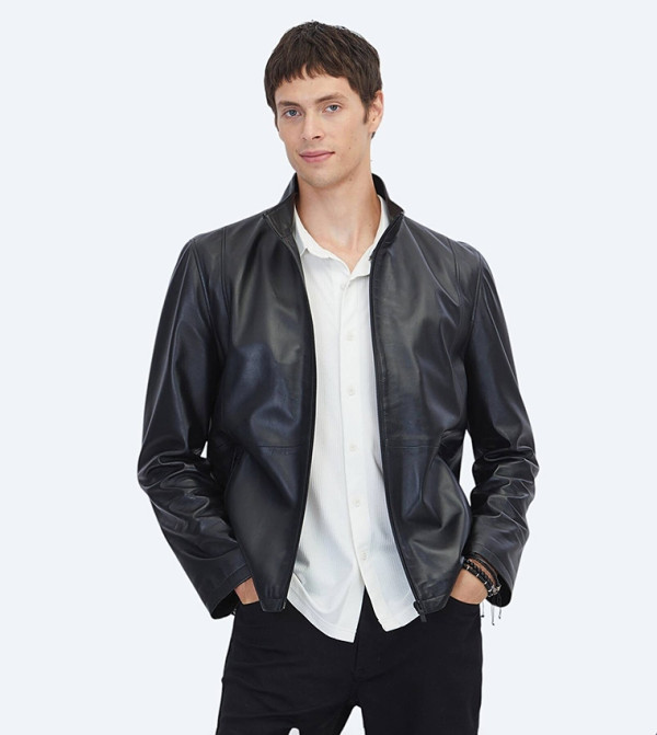 Textured Regular Fit High Neck Sheep Leather Coat