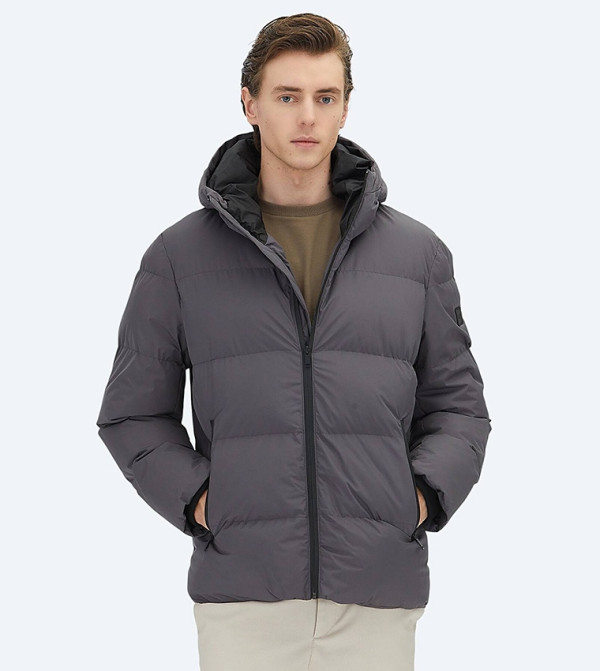 Solid Hooded Woven Puffer Jacket