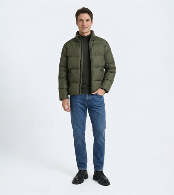 Solid Regular Fit High Neck Woven Puffer Jacket