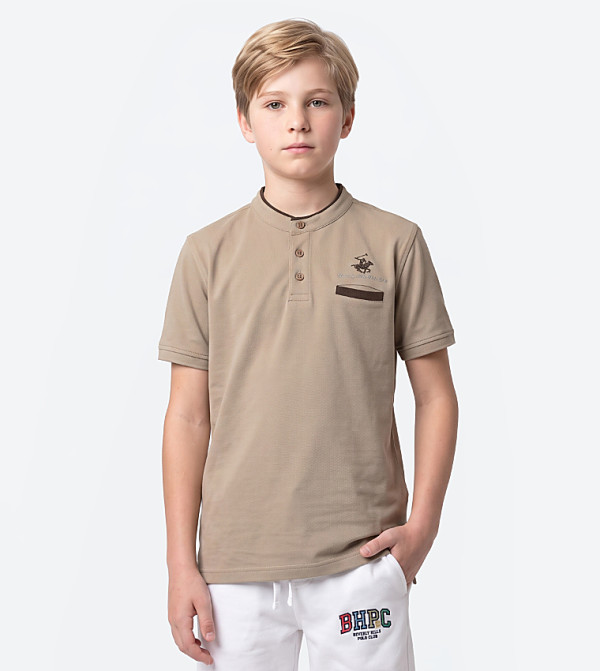 Logo Embroidered Henley Neck T-Shirt