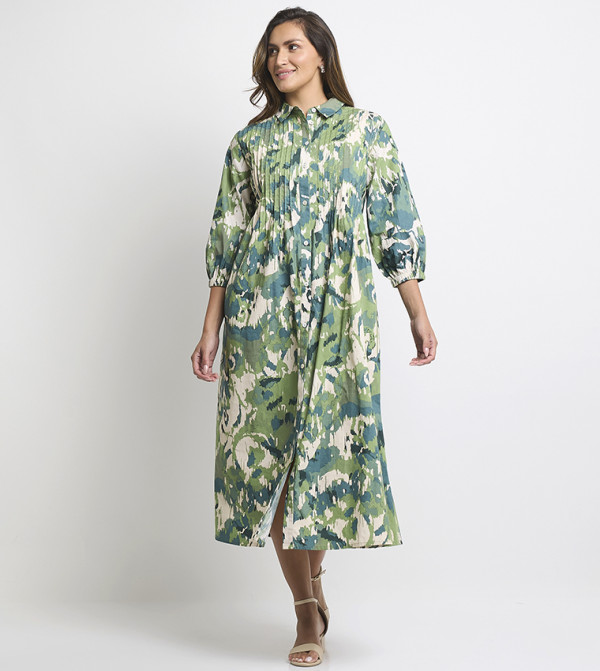 Patterned 3/4 Sleeves Shift Sack Shirt Dress