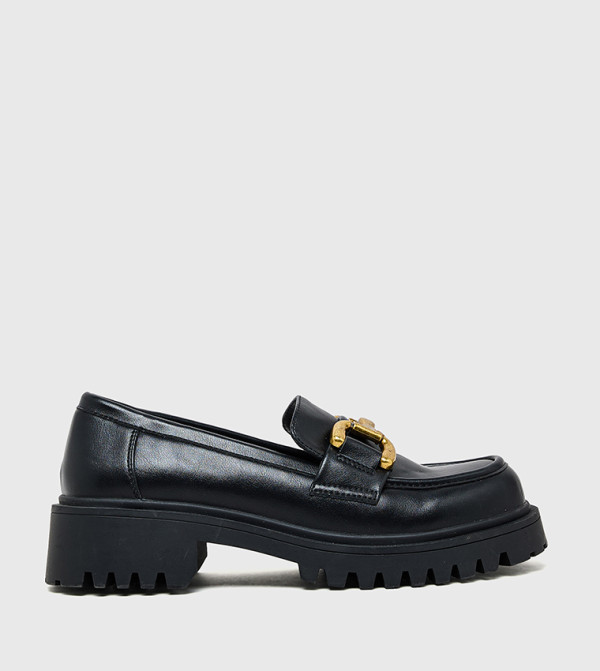 Metal Accent Block Heel Loafers