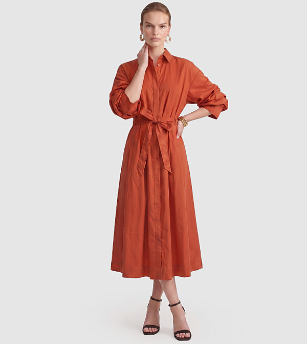 Solid Ruched Belted Midi Shirt Dress