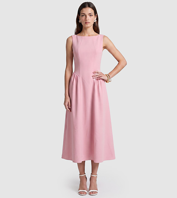 Solid Boat Neck Fit and Flare Midi Dress