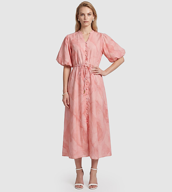 Marble Patterned Puff Sleeves Midi Dress