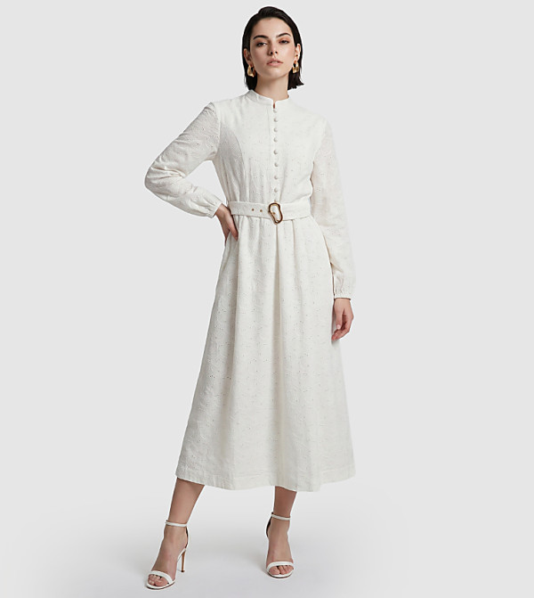 Broderie High Neck Belted Midi Dress