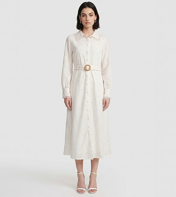 Broderie Long Sleeves Midi Shirt Dress