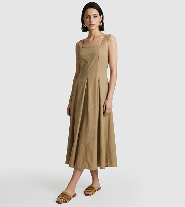 Solid Square Neck Sleeveless Midi Dress